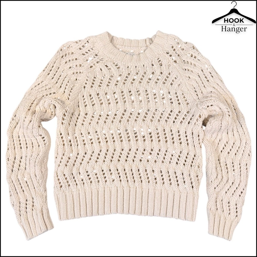 American Eagle Crochet Open Knit Sweater‎ S Fisherman Cotton Cream Crew Chunky